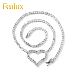 Iced Out CZ Open Heart Pendant Tennis Chain Necklace Love Charm Necklace with 3mm Tennis Chain Women Necklace