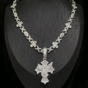 Iced Out Cross Pendant with Zircon Cuban Chain Necklace Set