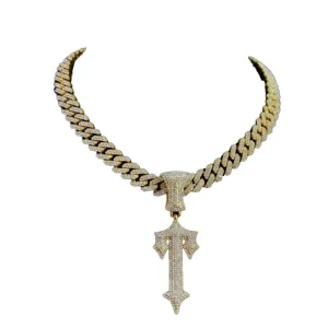 Iced Out Hip Hop 15mm Width Cuban Chain Alloy and Rhinestone Cross Sword Pendant Necklace