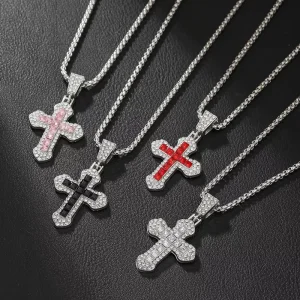 Iced Out Hip Hop Cross Necklace for Men Women Bling Colorful Zircon Pendant Stainless Steel Titanium Chain Streetwear Jewelry