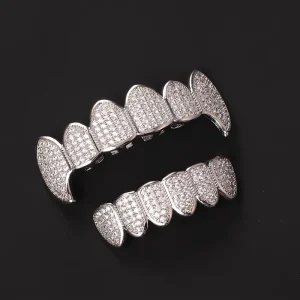 Iced Out Micro Pave CZ Teeth Grillz Top and Bottom Set 18k Gold Crystal Teeth Grills for Men Rapper Jewelry
