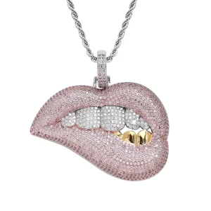 Iced Out Pink Brass Cubic Zirconia Bite Lip Pendant Hypoallergenic Gold Teeth Hip Hop Necklace for Men Women
