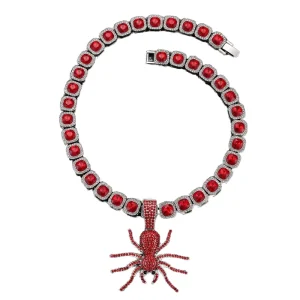 Iced Out Square Cuban Link Chain Rhinestone Hip Hop Red Spider Pendant Necklace