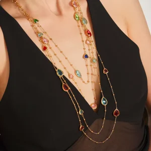 Ilona New Fashion Style Colorful Zircon Clavicle Chain 18k Gold Plated Stainless Steel Necklace Women’s Stacked Necklaces
