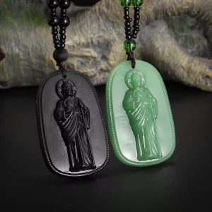 Imitated Obsidian Green Jade Glass Buddha Pendant Necklace Carved Religious Figure Hip Hop Beaded Chain Jewelry