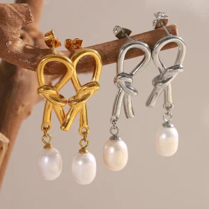 Imitation Pearl Earring Twist Stud Earring for Women 18k Gold Plated Stainless Steel Jewelry