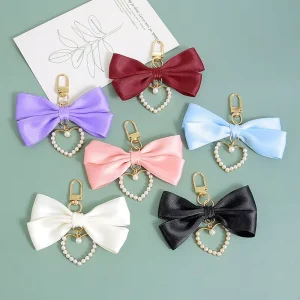Imitation Pearl Heart shaped Fabric Large Bow Metal Keychain Pendant Versatile Ribbon Bag Pendant Car Key Pendant