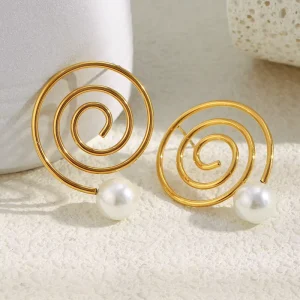 Imitation Pearl Women’s Earrings Conch Design Fashion Stud Earrings Gold Plated Stainless Steel Trendy Jewelry
