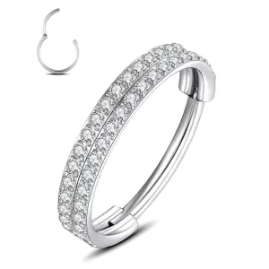 Implant Grade Titanium Hinged Hoop Ring for Helix Piercing with Double Rows CZ Stones