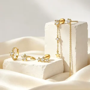 In Stock 14K Gold Plated Silver 925 Cubic Zirconia Star Style Single Stud Earrings Sets For Women