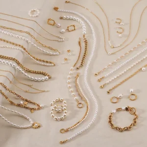 In Stock Gold Plated Stainless Steel Freshwater Pearl Bracelet Necklace and Earring Set