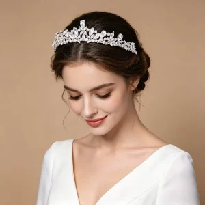 In Stock Luxury Copper Base Handmade Teardrop Shape Cubic Zirconia Floral Tiara Bridal Hair Accessories for Wedding