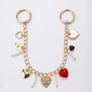 In Stock Romantic Heart Pendant Gold Chain Bag Accessory with Pearl Beads for Women Handbag Bag Charm Keychain