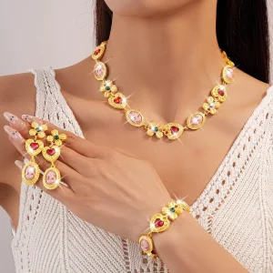 Indian Style Flower Love Vintage Clavicle Chain Copper Unique Fashion Luxury High End Zircon Gold Plated Jewelry Set For Women