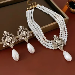 Inlaid Round Diamond Multi Layered Pearl Necklace Earrings Bracelet Wedding Jewelry Set