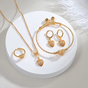 Inlaid Zircon Hollow Out Love Pendant Necklace Bracelet Ring Earring Jewelry Set for Women