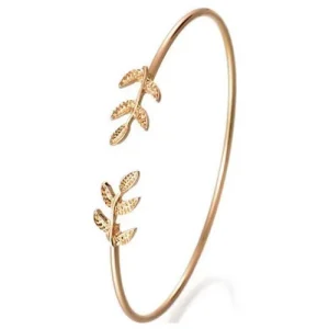 Inoxidable Friendship Women Leaf Charm Adjustable Zinc Alloy Silver Gold Plated Open Bangle Casual Sporty