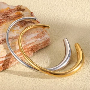 Ins 18K Gold Plated Stainless Steel Full Metal Cuff Bangle Bracelet for Women Waterproof