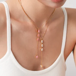 Ins 18K Gold Plated Stainless Steel Zircon Stone Pendant Necklace for Women Waterproof