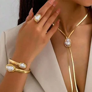 Ins Baroque Pearl Metal Pendant Y shaped Necklace Set Simple Metal Open Neckpiece NSJS 00043