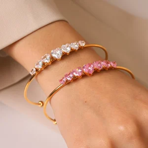 Ins Fashion Stainless Steel Heart Cuff Bracelet Opening Iced Out Cubic Zirconia CZ Heart Bangle Bracelet for Girl