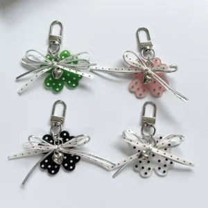 Ins Four leaf Clover Vintage Polka Dot Colorful Bow Tie Keychain Bag Charm Accessory Minimalist Keychain