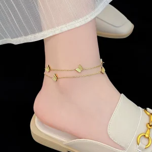 Ins Minimalist Fashion Jewelry Trendy Wedding Stainless Steel Non fading 18K Gold plated Double Layer Butterfly Anklet Women