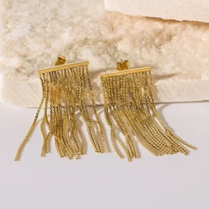 Ins Popular Gold Plated Geometric Exaggerated Tassel Chains Fine Strips Stainless Steel Drop Earrings for Women Party Occasion