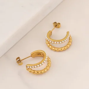 Ins Popular Gold Plated Stainless Steel Tarnish Pearls Hoop Earrings for Women Pearls C Shaped Fashion Stud Earrings for Women