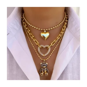 Ins Popular Micro Insert Full Zircon Diamond Heart Bear Fashion Pendent Necklace 18k Gold Plated Choker Jewelry Necklace Women