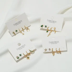 Ins Style Green Zircon Stud Earrings Set Gecko Dinosaur Owl Small Animal Personality Fashion Women 18K Gold Plated