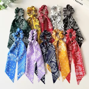 Ins Style Hair Rope Scrunchies Retro Paisley Print Hair Tie Bow Elastic Band Long Ribbon Stylish Hair Accessory for Women Girls