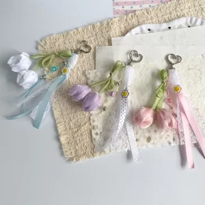 Ins Style Rhinestone Tulip Bow Lace Keychain Button Bag Charm Sweet Polka Dot Girl’s Hanging Ornament
