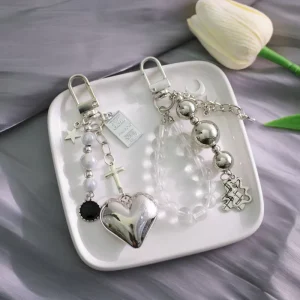Ins Sweet Cool Style Bead Bag Pendant Metal Black Silver Bear Heart Cross Car Keychain Hanging Decoration