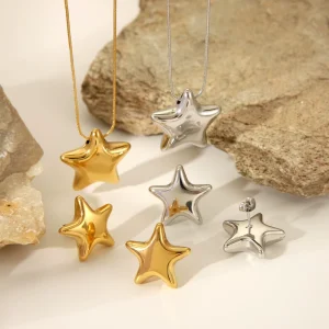 Ins Wind Net Red 18kgold Stainless Steel Trendy Five Pointed Star Link Earrings Female Personality Smooth Star Pendant Necklace
