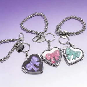 Instagram Style Niche Silver Bow Heart Mirror Keychain Bag Charm Premium Accessory Touch up Mirror for Women