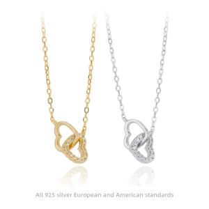 Interlocking Heart Pendant Necklace Gold Silver Cubic Zircon