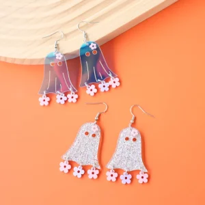 Iridescent Glitter Ghost with Pink Flower Tassel Acrylic Drop Earrings Halloween Party Jewelry Gifts for Women Girls