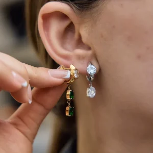 Irregular Design Stainless Steel Zircon Drop Hoop Earrings PVD Gold Plated With Green and Clear Stone Earrings