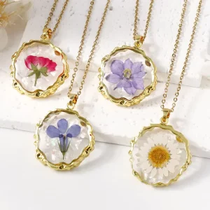 Irregular Filled Real Dried Birth Month Flower Necklace Plated Resin Jewelry Charms Pressed Flower Resin Pendant Necklace