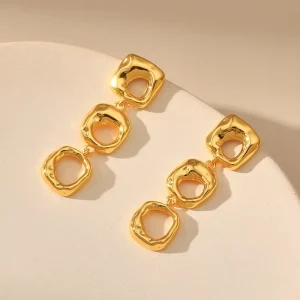 Irregular Hollow Heavy Square Metal Brass 18K Gold Plated Long Dangle Drop Earrings