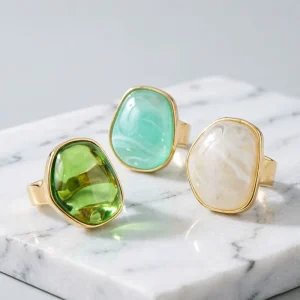 Irregular Natural Stone Ring 18K Gold Plated Multicolor Resin Wide Band Adjustable Vintage Statement Jewelry Women