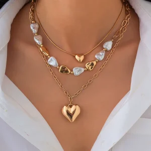 Irregular Pearl Stacked Collarbone Chain Fashion Design Layered Heart Necklace Set