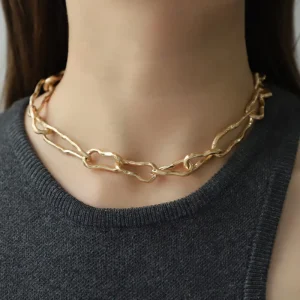 Irregular Twisted Link Chain Necklace Earrings Bracelet Set Gold Plated Trendy Designer Tarnish Textured Wedding Engagement