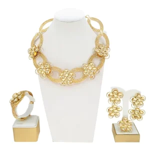 Italian Brazilian Style Accessories for Wedding Party Alloy Hollow Jewelry Set Necklace Bracelet Earrings and Ring