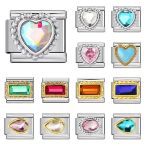 Italian Charm Bracelets Heart Gemstone Rhinestone Cute Modules Links Bracelets DIY Stainless Steel Women Jewelry Gift