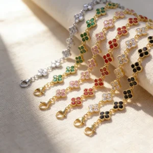 Italian Four Leaf Clover Gold Plated Lucky Charms Bracelet Full Pave Colorful Zircon Stainless Steel Bracelet Luxe
