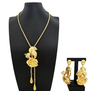 Italian Gold Jewelry Set Long Necklace Bracelet Earrings Ring Two Piece Set Flower Pendant Woman Cuban Jewellery Set