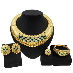 Italian Gold Luxury Wedding Jewelry Sets Green Flower Necklace Bracelet Jewellery Set Bridal Costume Accessories H0076