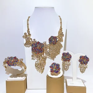 Italian Gold Plated 4Pcs Jewelry Set Multicolor Crystal Rose Bib Necklace Earrings Bracelet Ring for Women Wedding Party